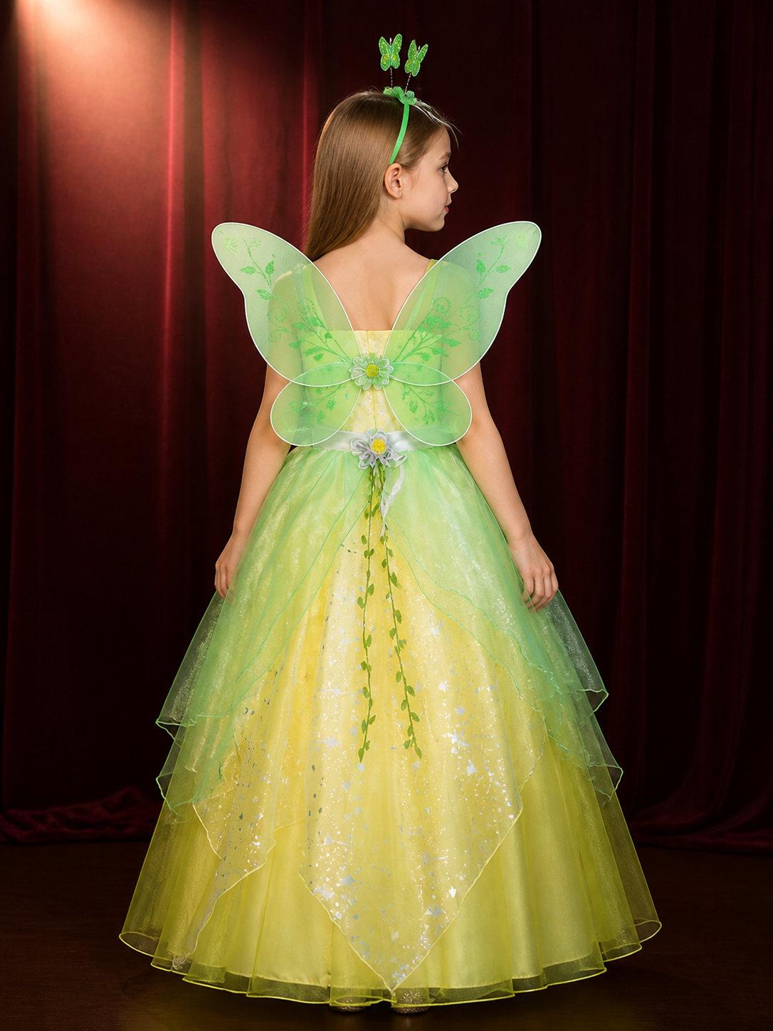 Girls Fairy Princess Dress Costume with Translucent Wings, Green Yellow Ombre back view