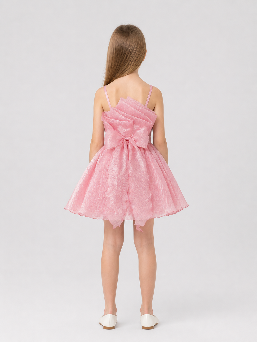 Girls' Spaghetti-Strap Dress with Bow and Full Skirt back view