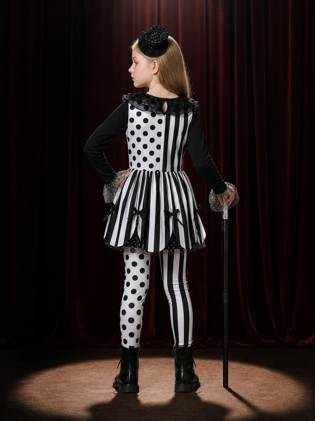 Girls Clown Circus Costume Set - Black & White Tutu Dress, Pants, Headpiece & back view