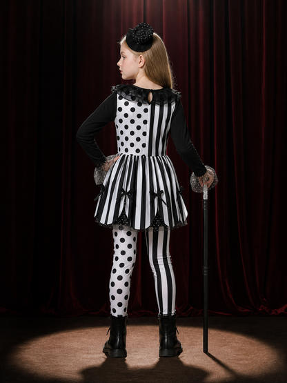 Girls Clown Circus Costume Set - Black & White Tutu Dress, Pants, Headpiece & back view