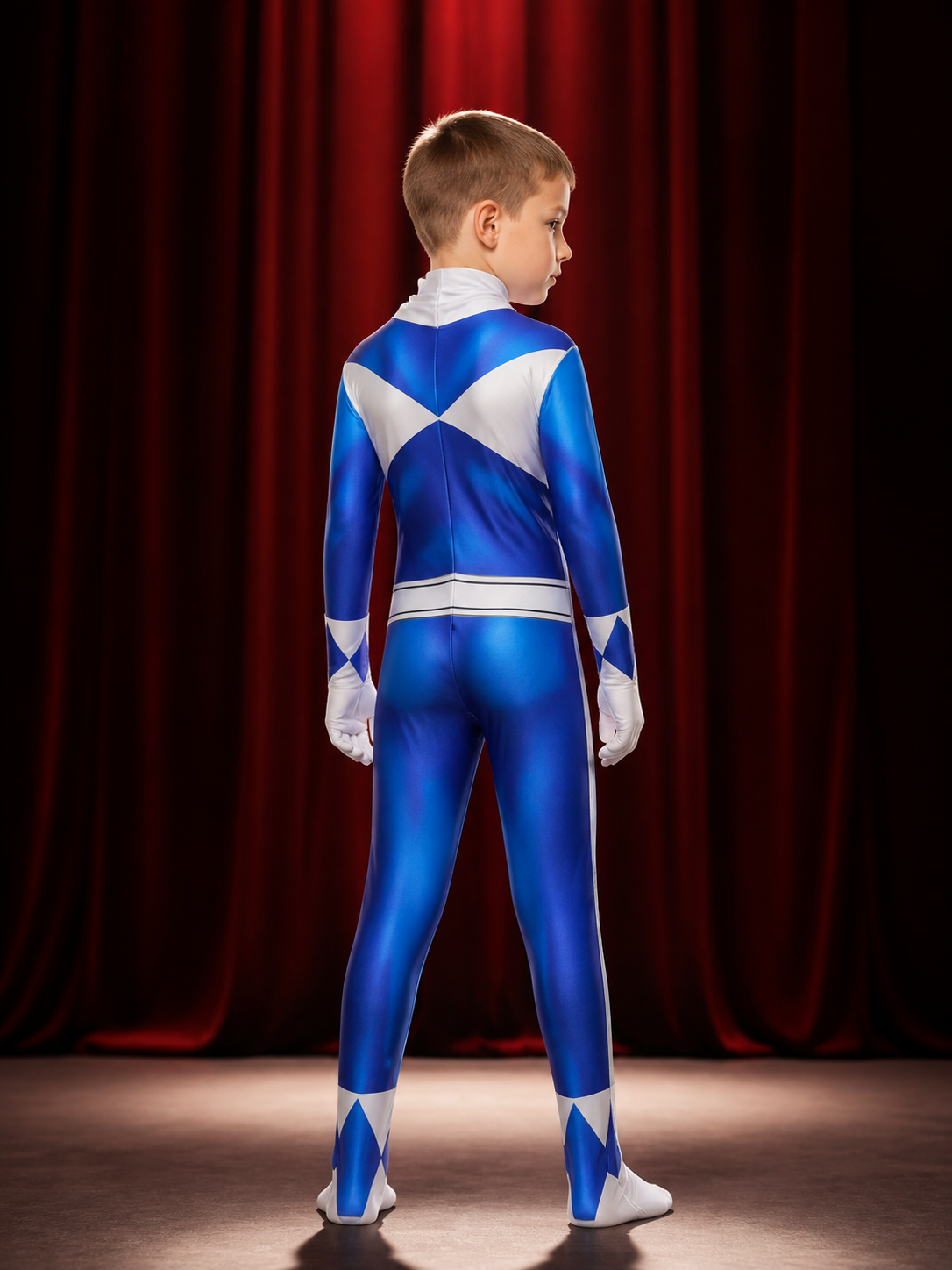 Blue Hero Muscle Print Jumpsuit Costume for Kids and Adults with Mask back view