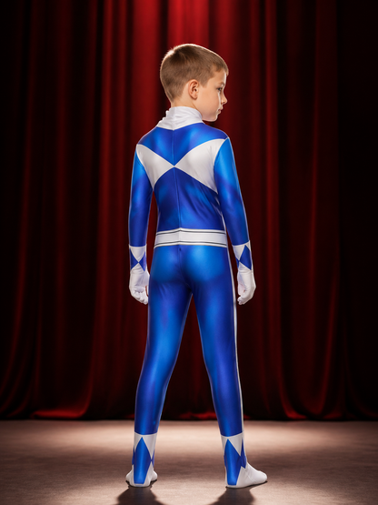 Blue Hero Muscle Print Jumpsuit Costume for Kids and Adults with Mask back view