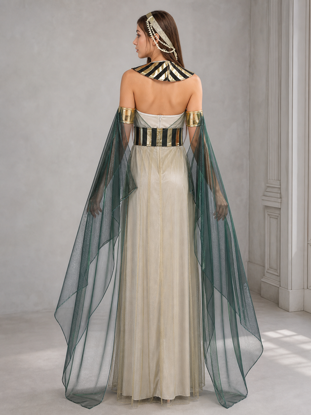 Women’s Egyptian Pharaoh Queen Halloween Cosplay Dress Set with Headpiece, Belt, Arm Accessories and Draped Sleeves for Stage Performance