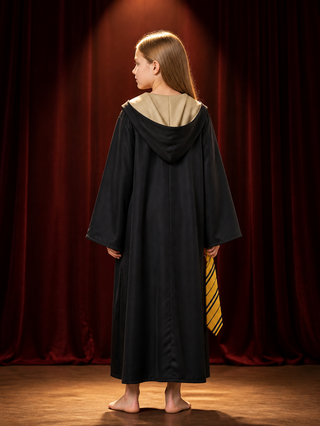 Hooded Wizard Robe Costume Set With Striped Tie, Academy-Style Halloween Outfit back view