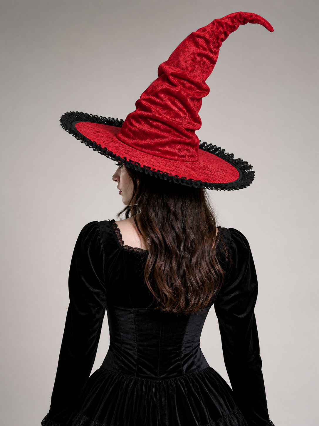 Red and Black Wide Brim Witch Hat, Tall Curved Pointed Top with Black Lace Trim back view 3