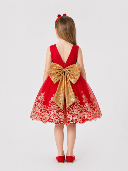Princess Dress in Red with Gold Embroidery and Bow back view