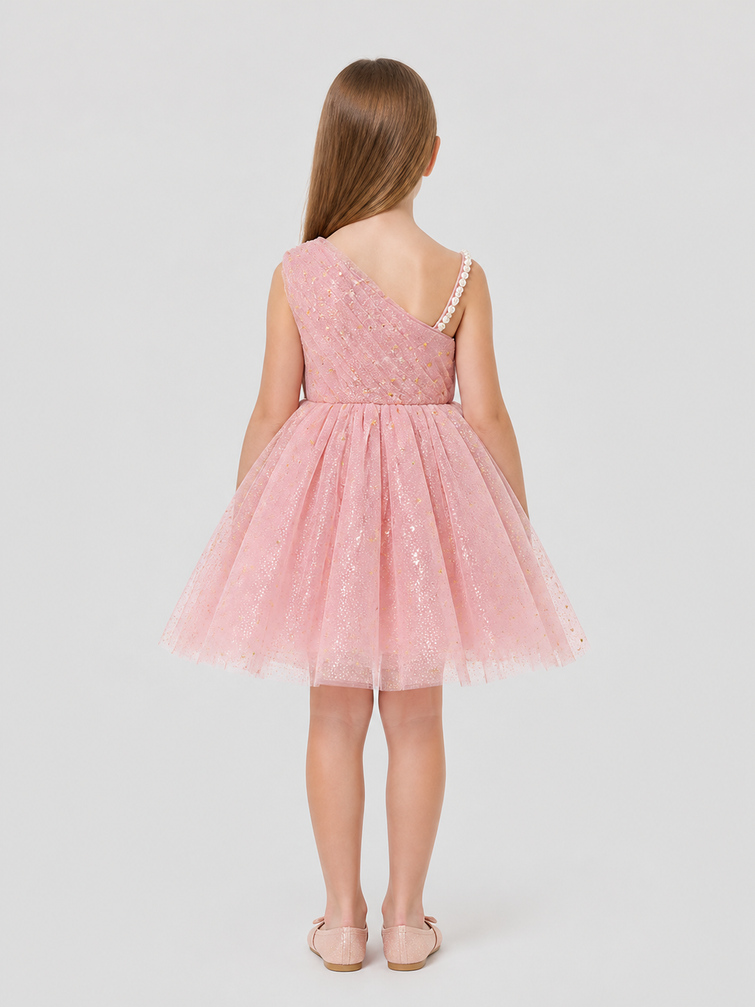 Girls' Dressy One-Shoulder Princess Dress with Sequins back view