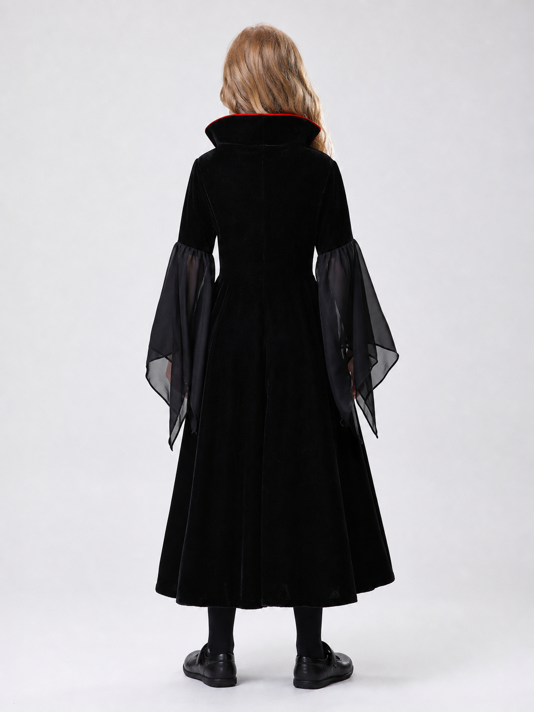 The vampire costume is designed in a black-and-red and gray-and-black color scheme and features a long garment with a silhouette reminiscent of a vampire cloak. The design includes a red hood, long sleeves, and semi-transparent gray-and-bla