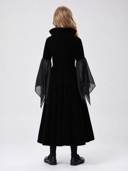 The vampire costume is designed in a black-and-red and gray-and-black color scheme and features a long garment with a silhouette reminiscent of a vampire cloak. The design includes a red hood, long sleeves, and semi-transparent gray-and-bla