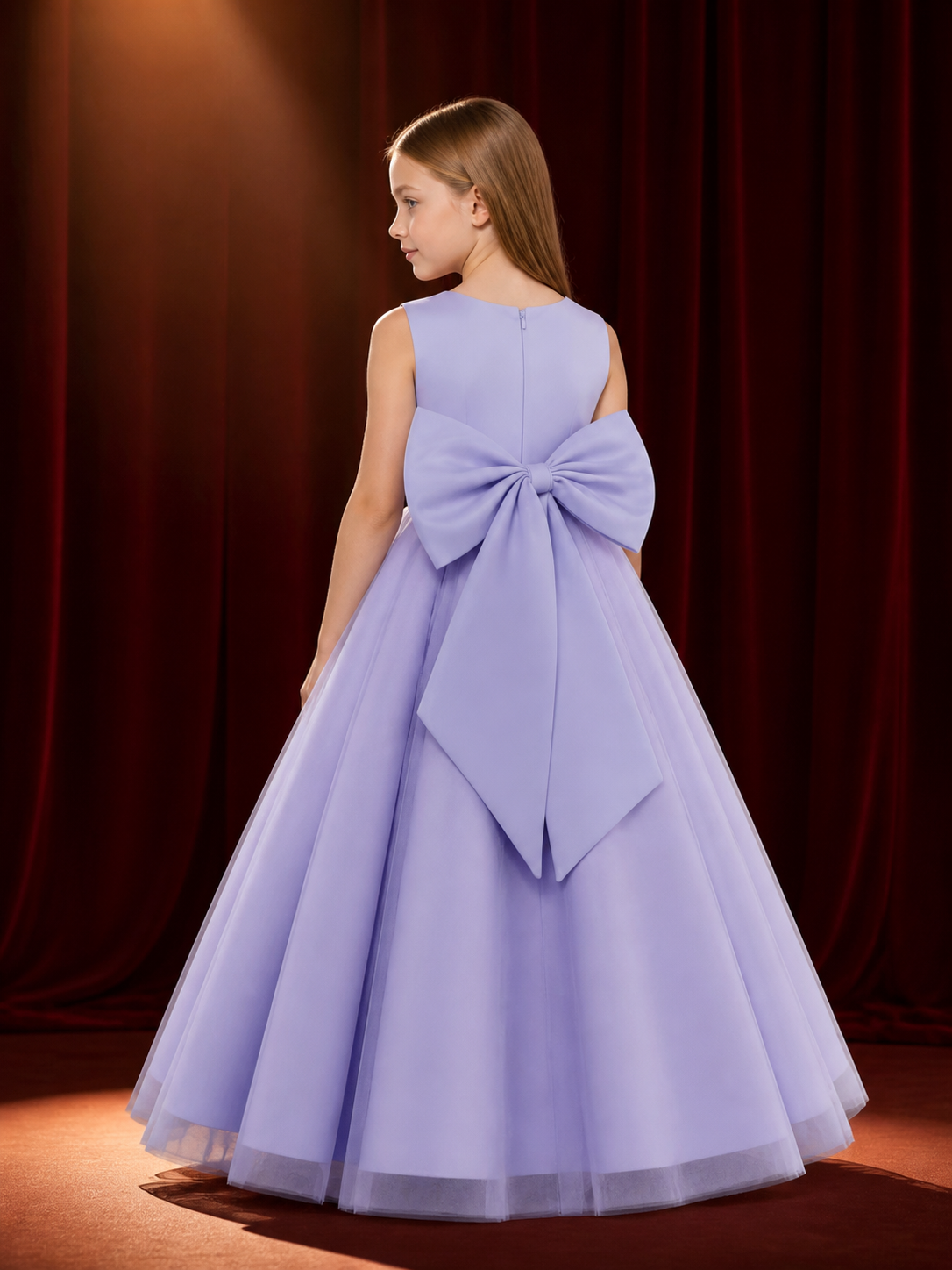 Girls' Light Purple Princess Flower Girl Dress, Sleeveless Layered Tulle Skirt back view