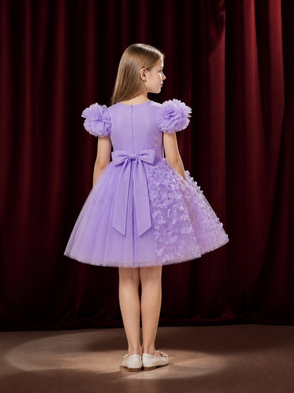 Girls' Light Purple Butterfly Princess Dress, 3D Flower Mesh Tutu Outfit back view
