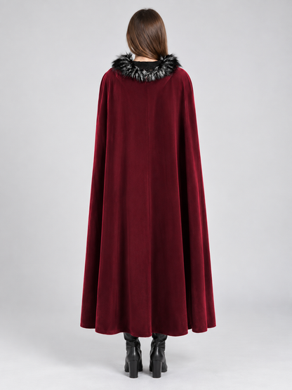 Burgundy Cape Cloak with Fur Collar