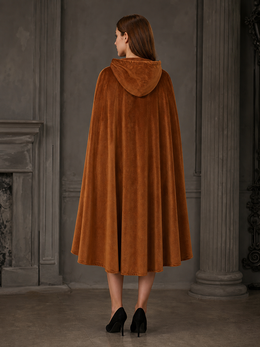 Halloween Medieval Warrior Hooded Cloak, Dark Brown Open Front Cape With Ring Clasp And Bow Strap For Cosplay Performance