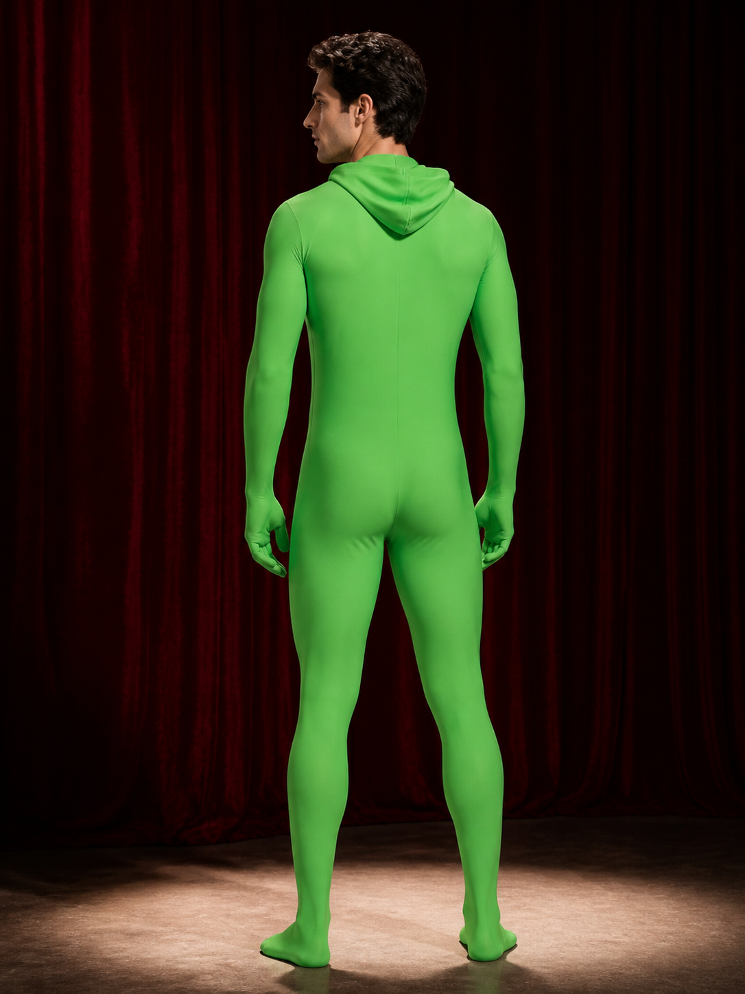 Kids Fluorescent Green Stretch Hooded Zentai Jumpsuit Halloween Costume back view