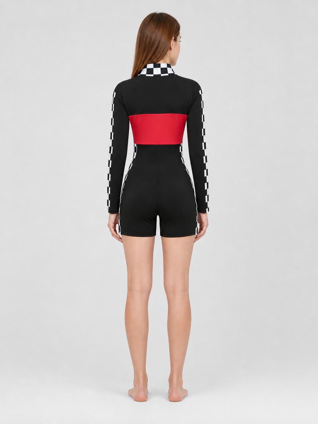 Long-Sleeve Plaid Romper back view
