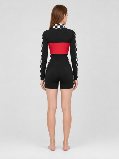 Long-Sleeve Plaid Romper back view