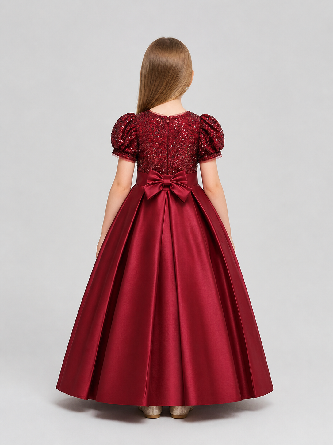 Burgundy Sequin Princess Dress for Girls, Floor-Length back view