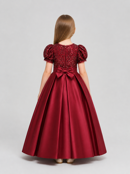 Burgundy Sequin Princess Dress for Girls, Floor-Length back view