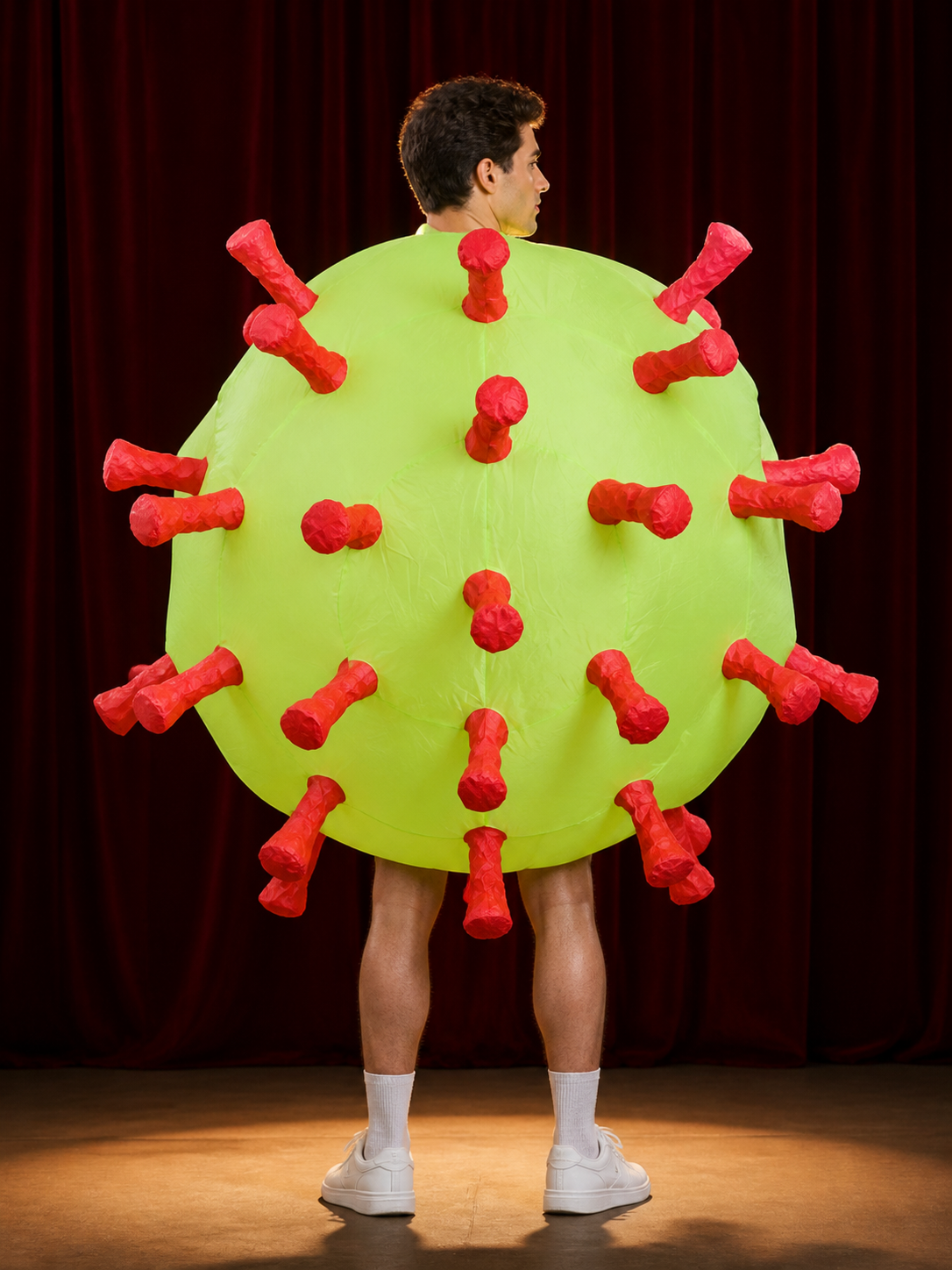 Unisex Fluorescent Green Inflatable Bodysuit Costume with Red Tubular back view