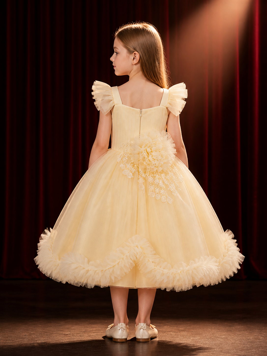 Baby Girls' Champagne Princess Flower Girl Dress, Ruffled Floral Embroidery Gown back view