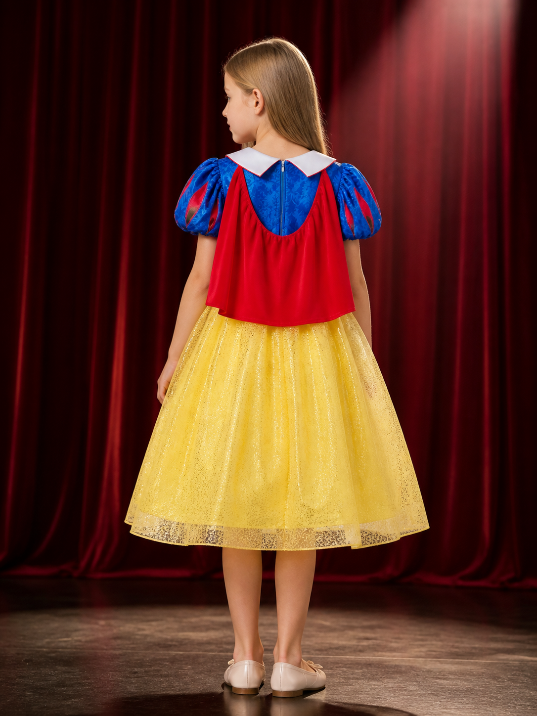 Kids Princess Costume Dress with Cape, Blue and Yellow Ball Gown Halloween back view