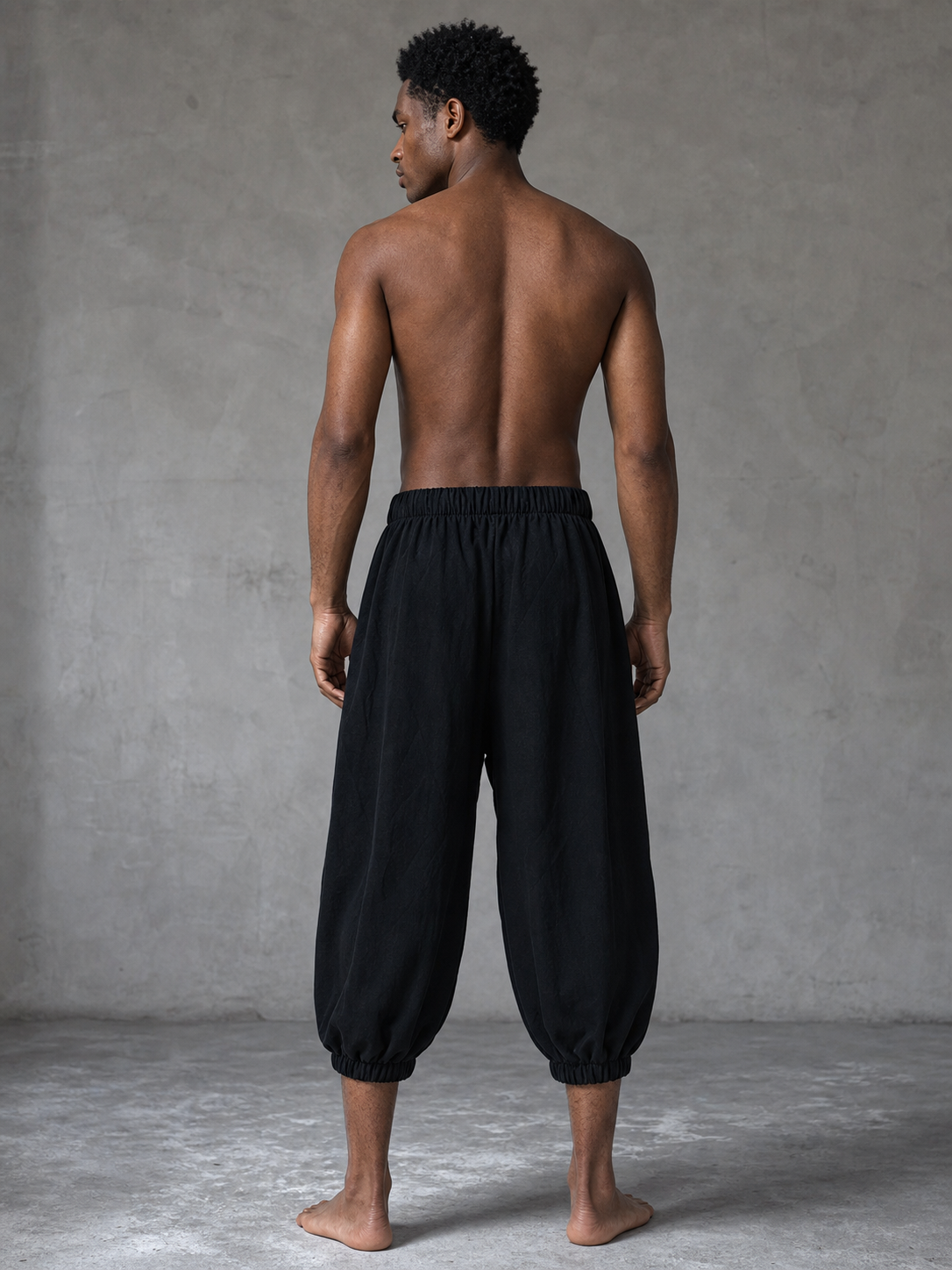 Black Cotton-Linen Cropped Pants, Loose Baggy Relaxed Fit, Elastic Waistband, Cuffed Hem, Casual Everyday Wear