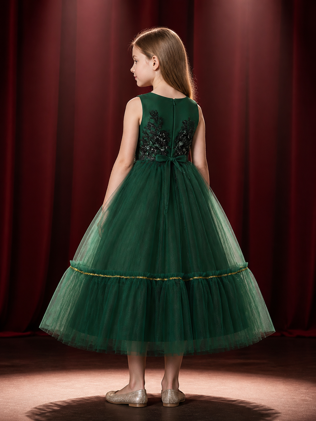 Girls' Dark Green Tulle Princess Dress, Lace Flower Embroidery, Gold Trim Formal back view