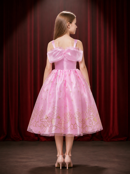 Girls Pink Princess Costume Dress, Tutu with Bow and Gold Star Rose Print back view