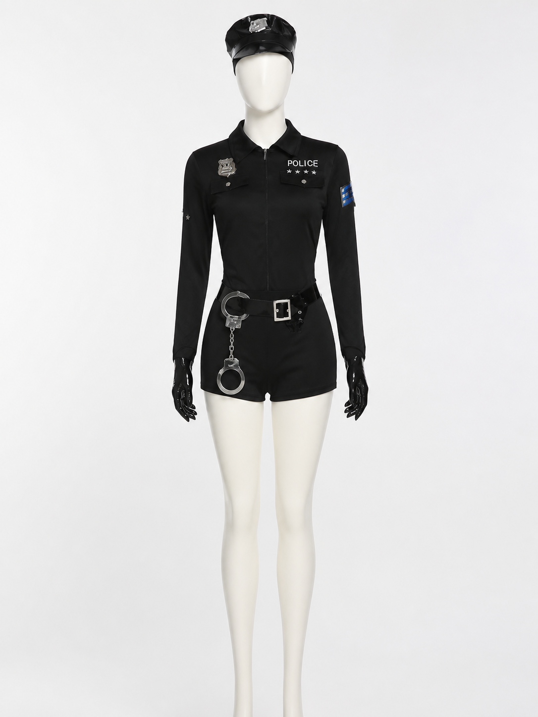 Women's Black Police Jumpsuit Costume Set with Hat, Belt, Gloves and Handcuffs back view
