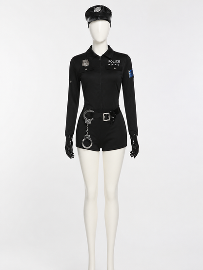 Women's Black Police Jumpsuit Costume Set with Hat, Belt, Gloves and Handcuffs back view