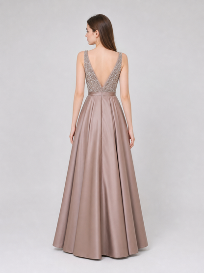 Sleeveless Evening Dress with Embellishment and V-Neckline
