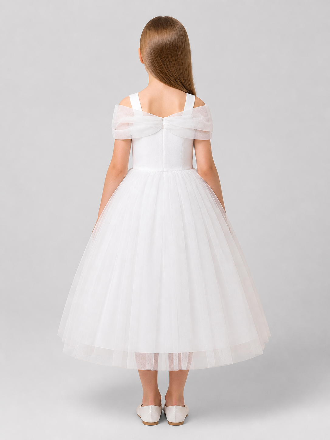 Children’s White Princess Dress with Spaghetti Straps and Sequins back view