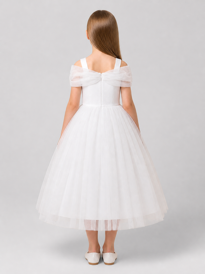 Children’s White Princess Dress with Spaghetti Straps and Sequins back view