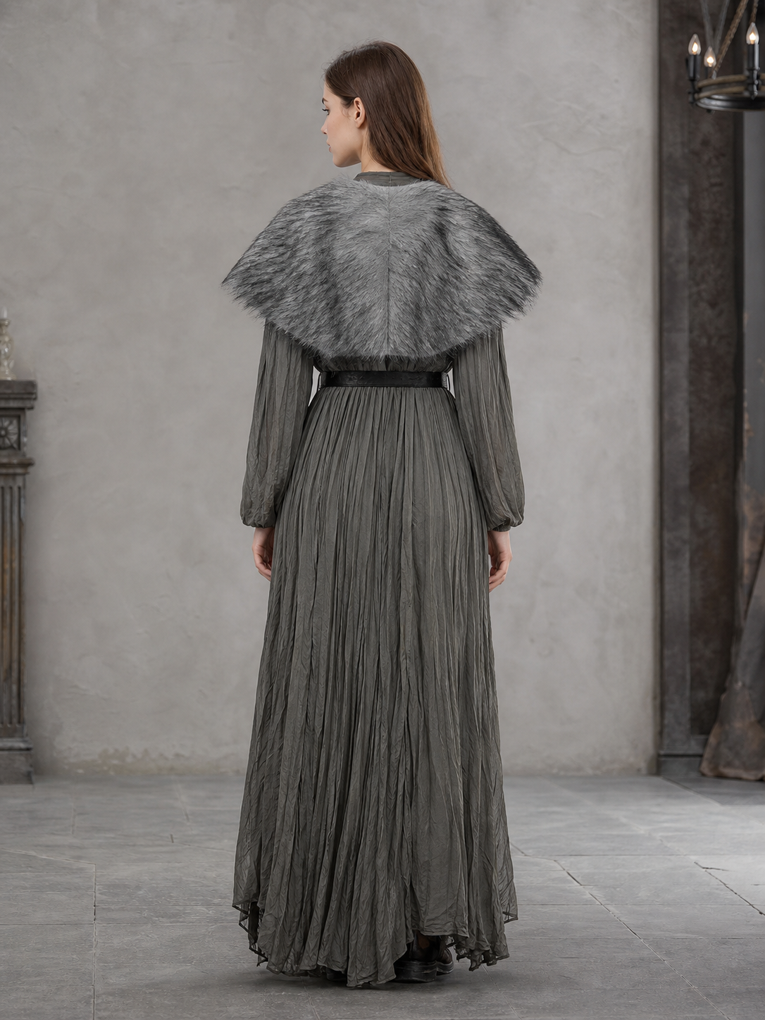 Dark Gray Open Front Shawl With Wide Shoulder Coverage, Irregular Plush-Textured Edge And Decorative Metal Buckle