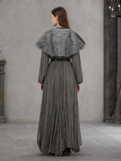 Dark Gray Open Front Shawl With Wide Shoulder Coverage, Irregular Plush-Textured Edge And Decorative Metal Buckle