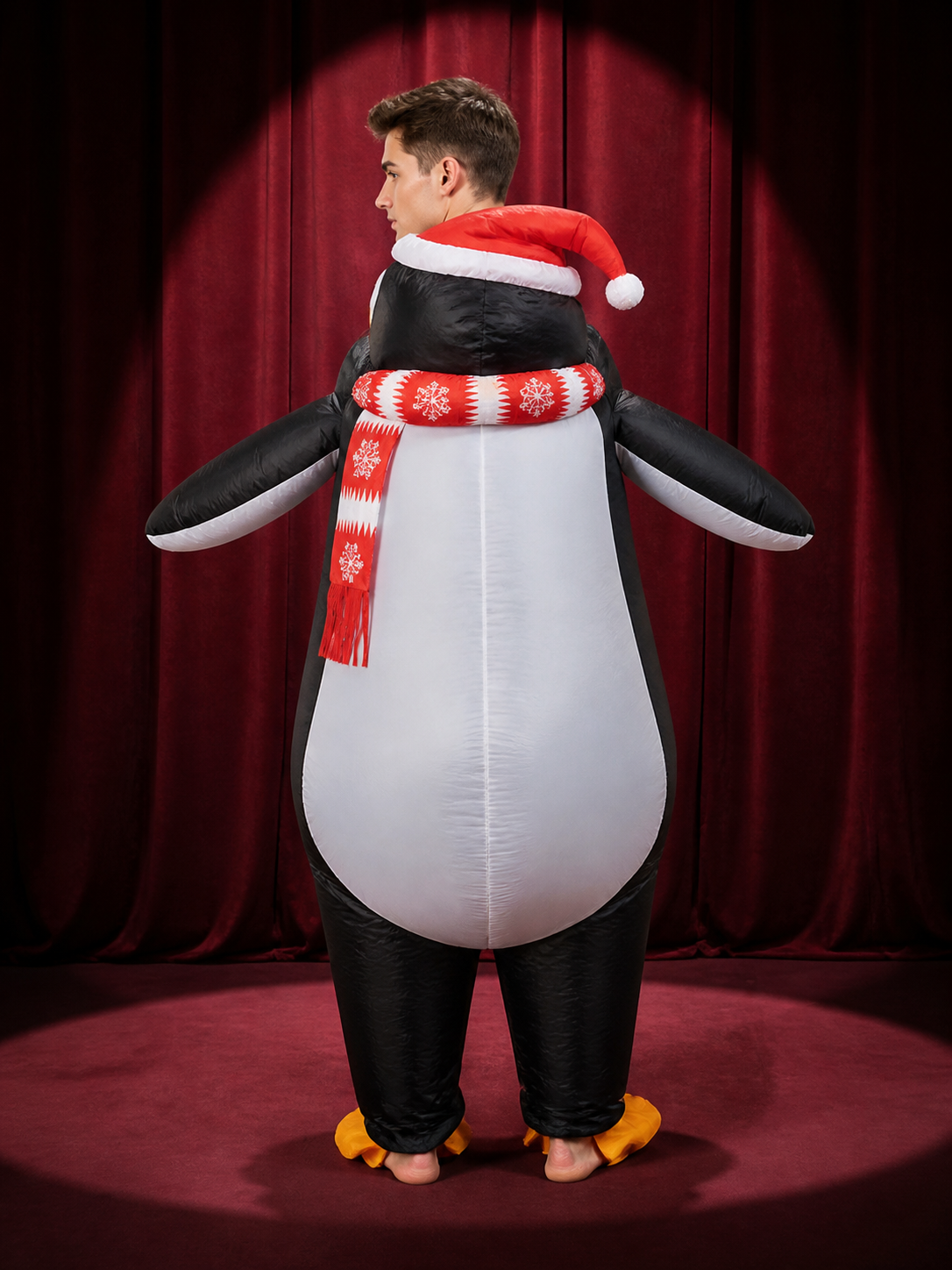 Inflatable Penguin Costume with Santa Hat and Scarf and Wings, Christmas Cosplay back view
