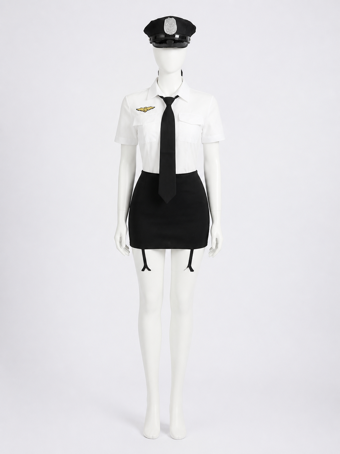 Women's Police Officer Costume Set, White Shirt Black Skirt with Tie back view
