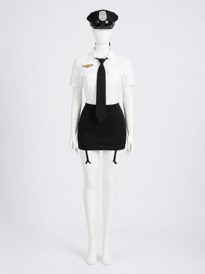 Women's Police Officer Costume Set, White Shirt Black Skirt with Tie back view