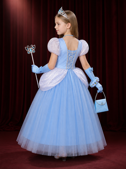 Girls Cinderella Princess Dress Costume - Light Blue Tulle Gown with Crown back view