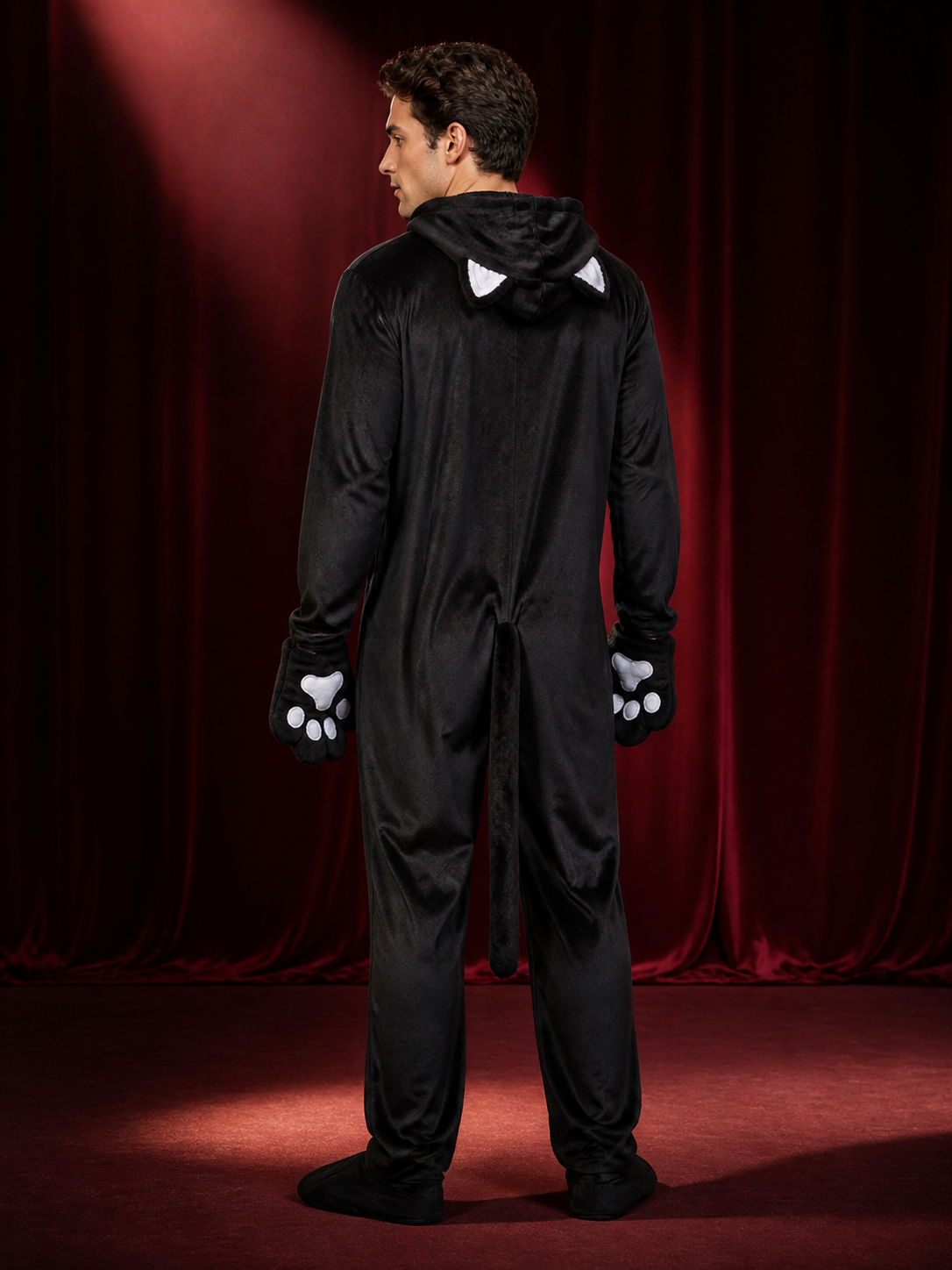 Black Cat Animal Jumpsuit Costume, Cat-Ear Hood, Tail and Paw Print Details back view