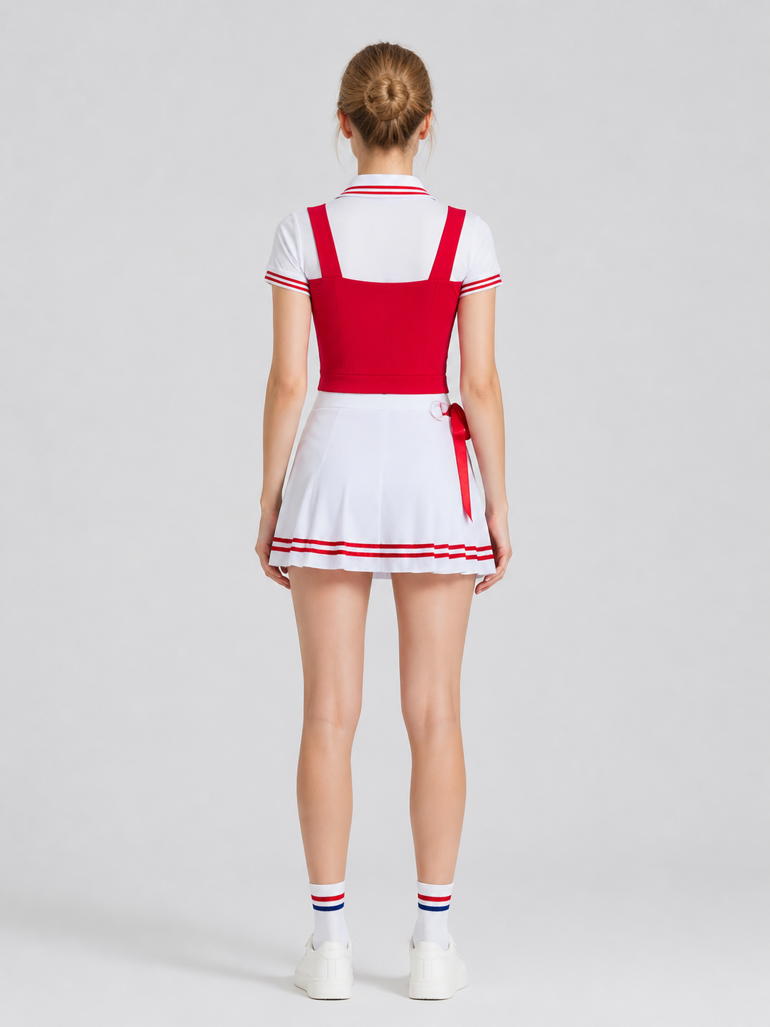 Red and White Cheerleading Costume, Shirt and Skirt back view