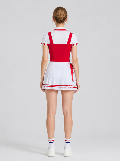 Red and White Cheerleading Costume, Shirt and Skirt back view