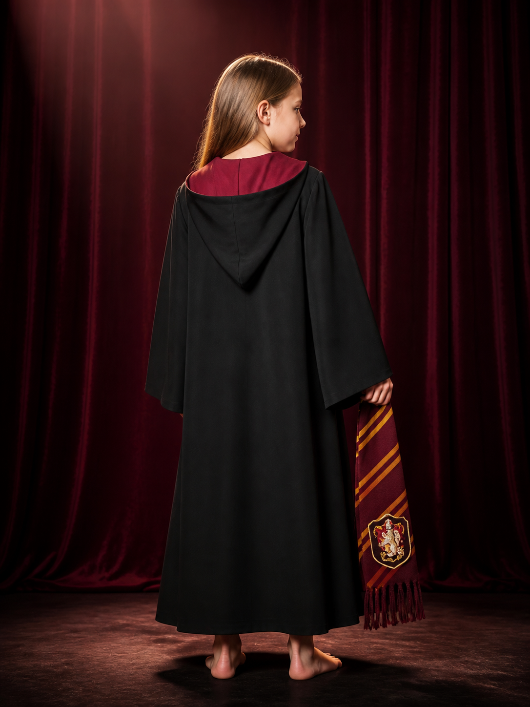 Kids Gryffindor Hooded Wizard Robe Costume Set With Scarf back view