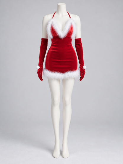 Red carnival dress with white faux fur trim