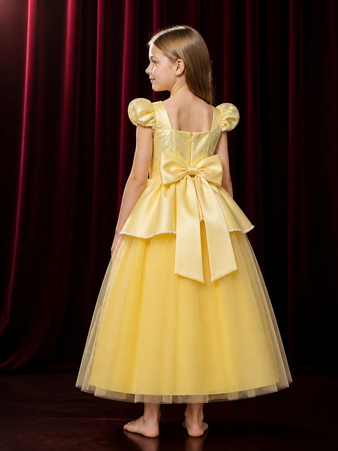 Girls Yellow Princess Costume Dress With Gold Trim, Puff Sleeves and Layered back view