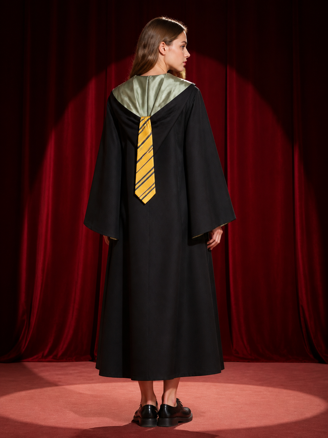 Wizard Robe Costume Set, Long Black Cloak with Crest and Striped Tie, Halloween back view
