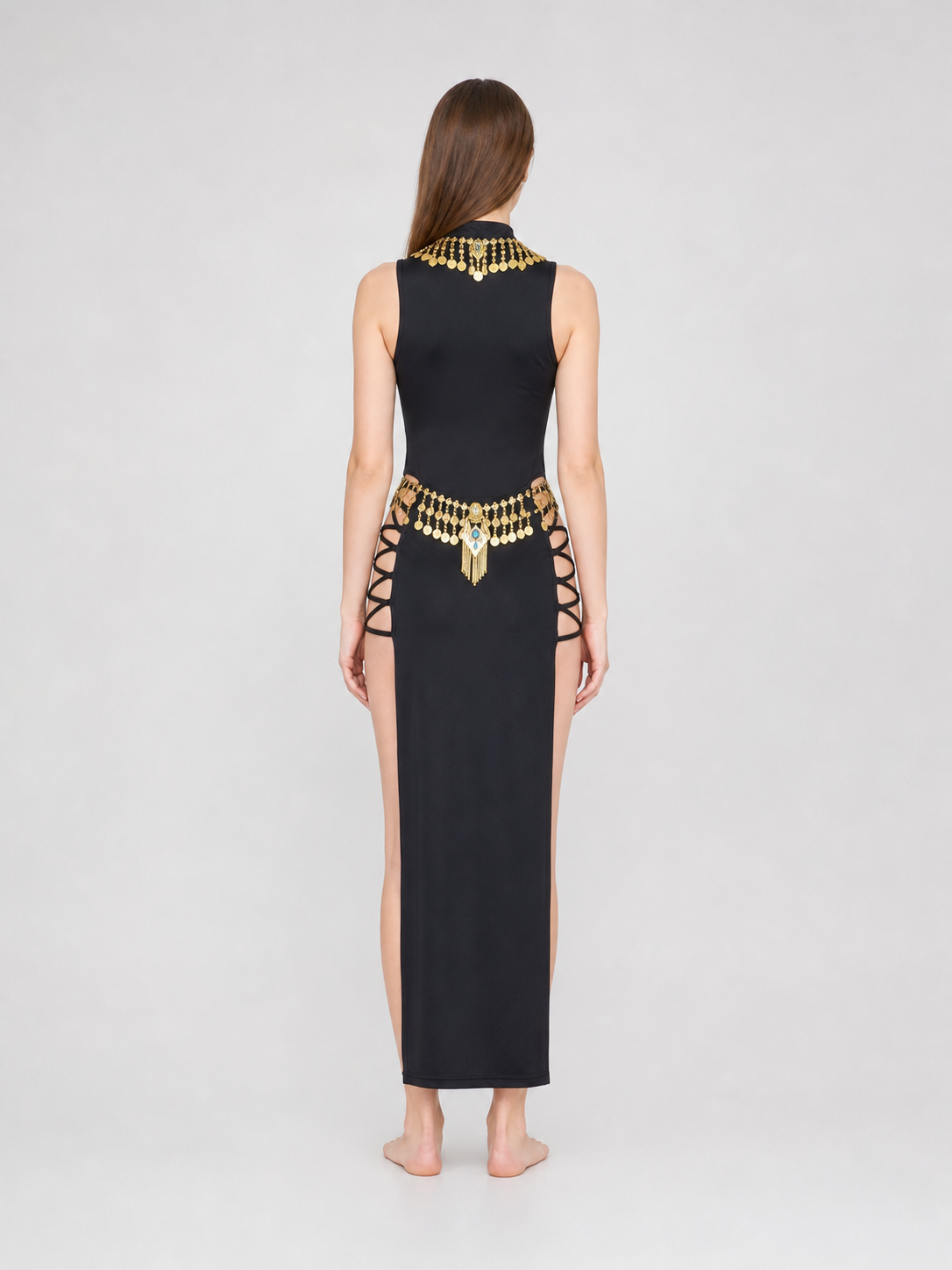Egyptian-style cosplay costume, dress, and accessories