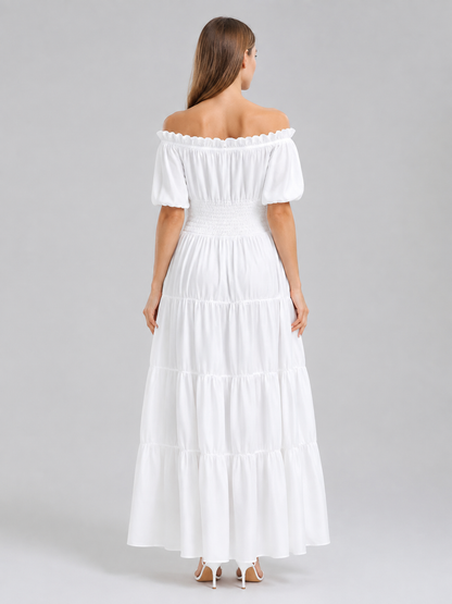 White Floor-Length Dress with Puff Sleeves back view