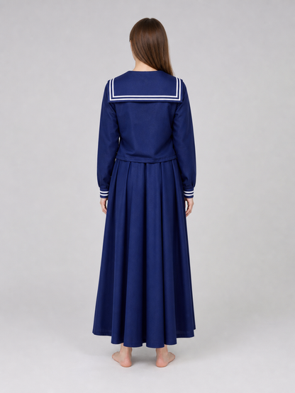 Sailor-style costume with a long pleated skirt