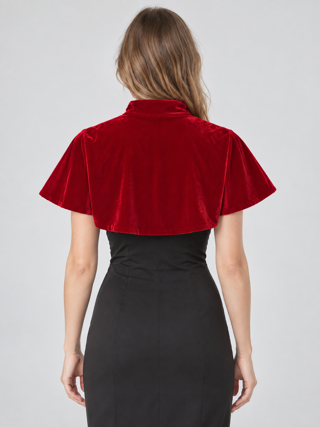 Red velvet capelet with lace trim and ties